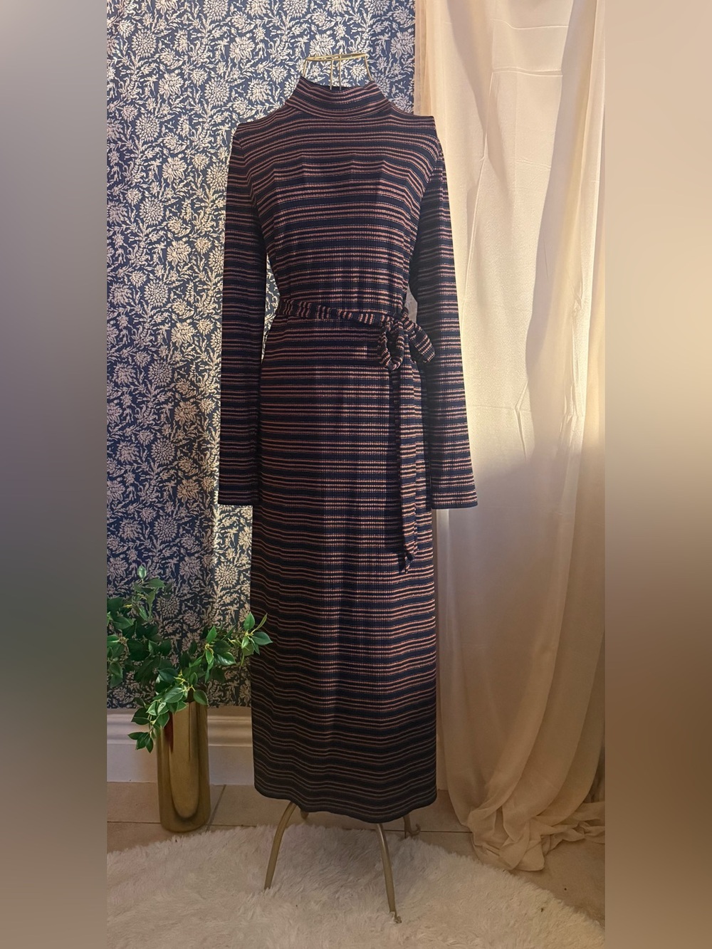 LOFT Striped Mock-Neck Belted Midi Dress | Medium